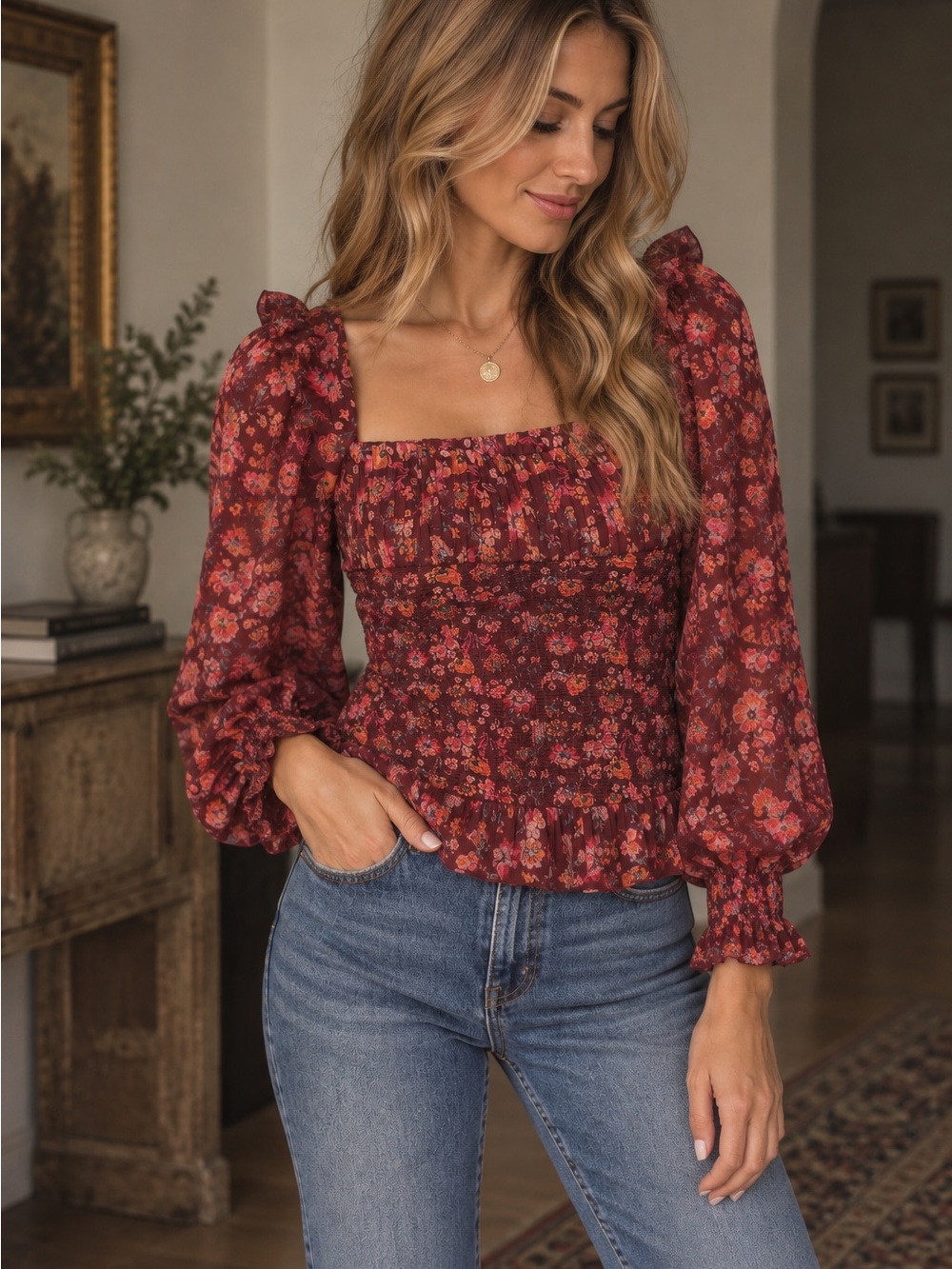 Ivy City Co Burgundy Floral Smocked Square-Neck Blouse